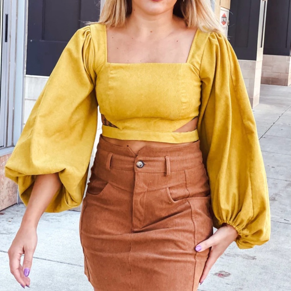 Style &‎ Co Women's Yellow Balloon Sleeve Crop Top Size L